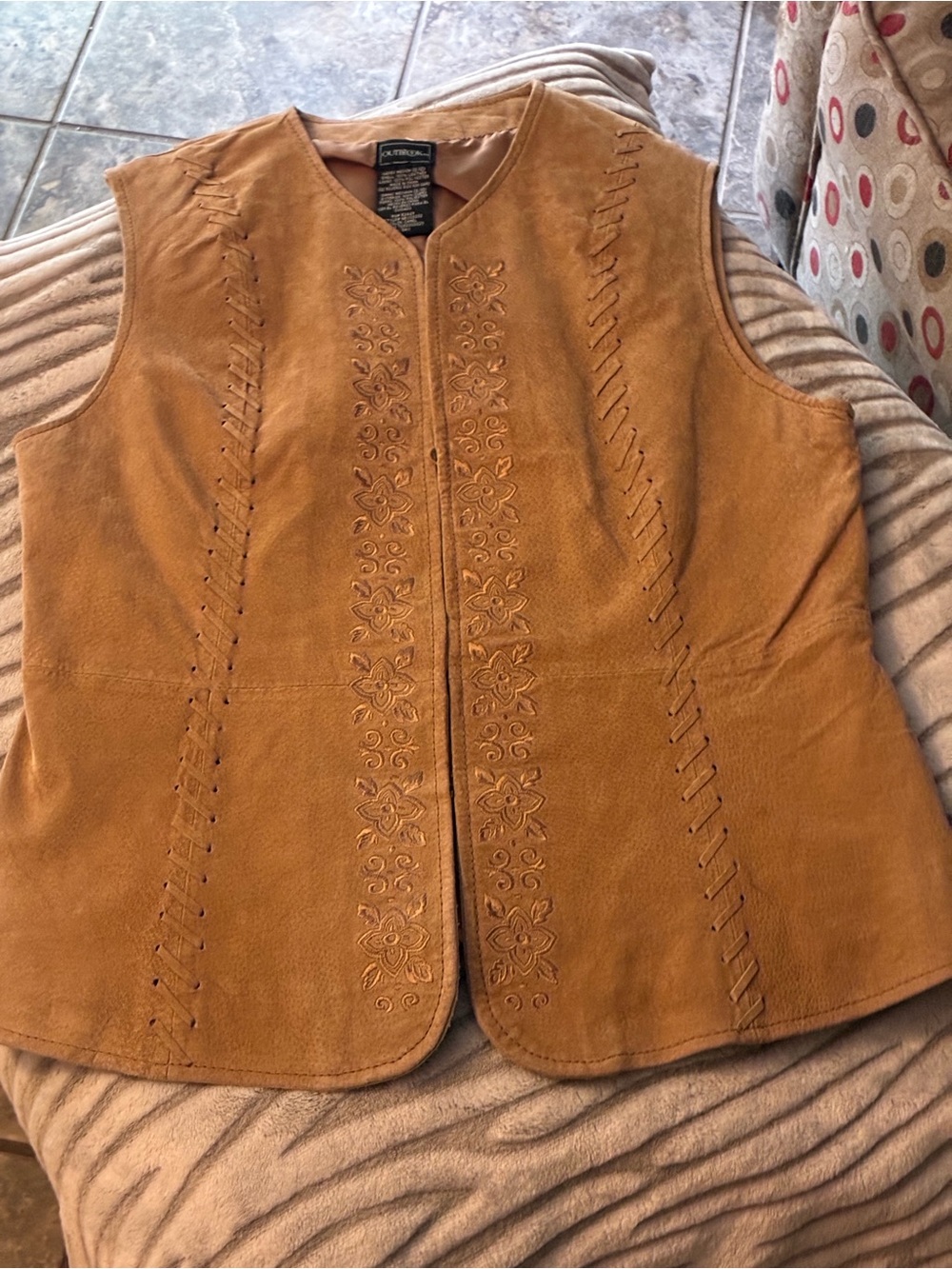 Embroidered Suede Sleeveless Vest in Tan by Outbrook
